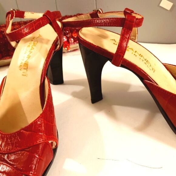 A. Gianetti Made in Italy Red Leather Croc Embossed Peep Toe Slingback S… - Picture 6 of 8
